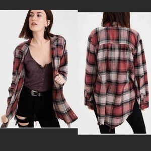 American Eagle Red and BLACK Distressed Flannel Cotton Plaid Shirt NWOT